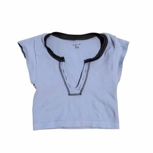 Urban Outfitters Blue Ribbed Cropped Henley Cap Sleeve Top